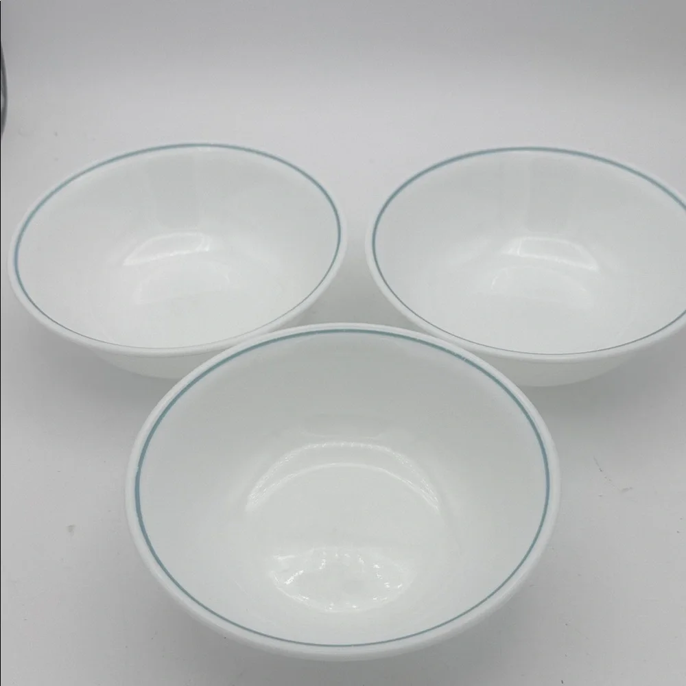 Set of 3 VTG Corelle light blue striped cereal bowls 6 1/4”
